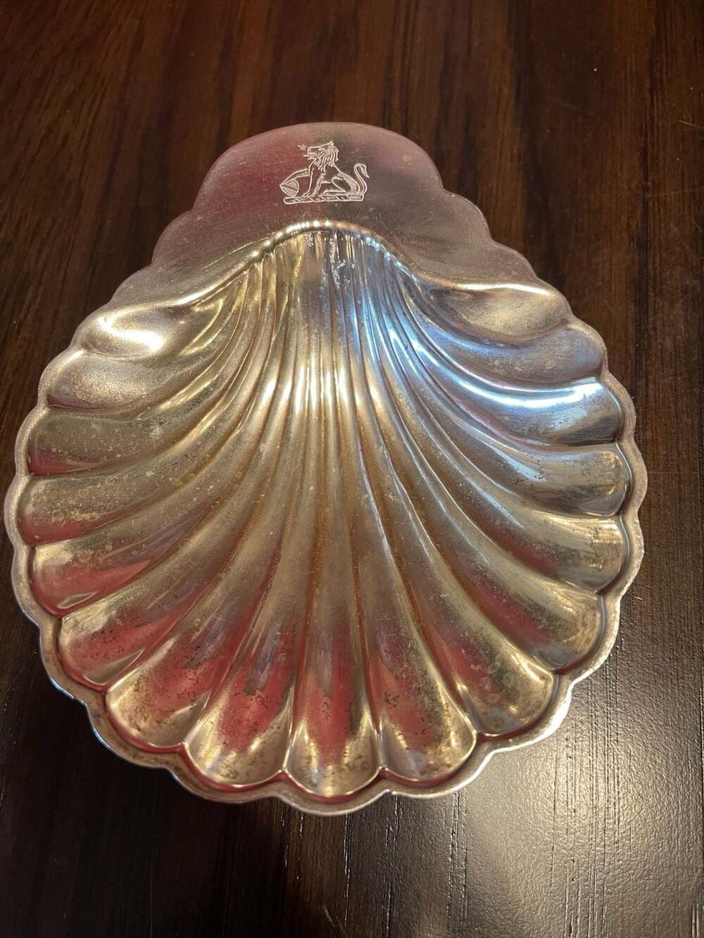 Vintage English Silver Plated Scallop Shell Serving Dish with Heraldic Lion Cres